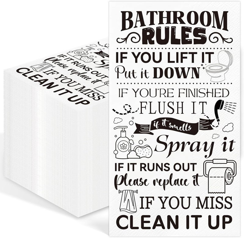 IANFEPH 100 Pcs Bathroom Rules Paper Napkins Disposable Hand Towels for Bathroom 3 Ply Decorative Etiquette Guest Napkins for Powder Room Wedding Birthday Holiday Anniversary, Black White - Image 1